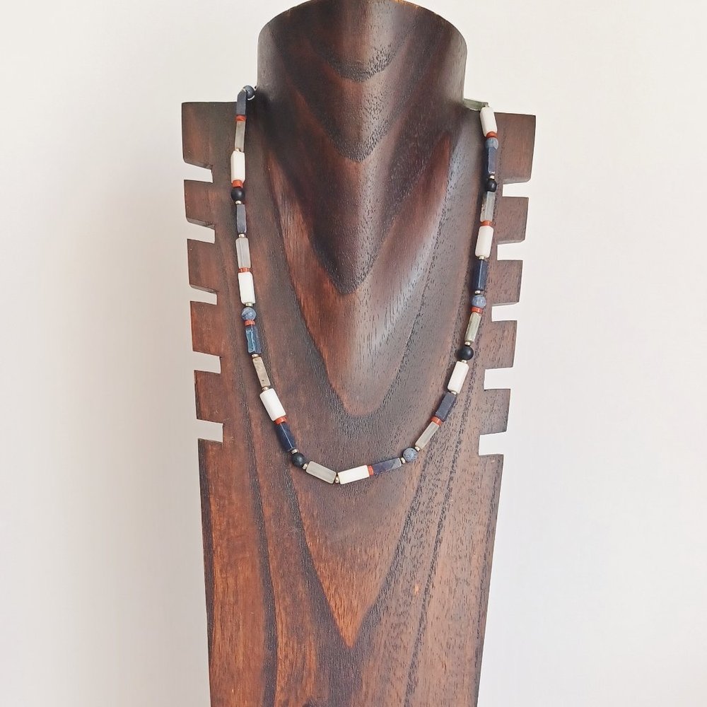 New men's pyrite with mixed gemstone and 925 sterling silver hand woven necklace